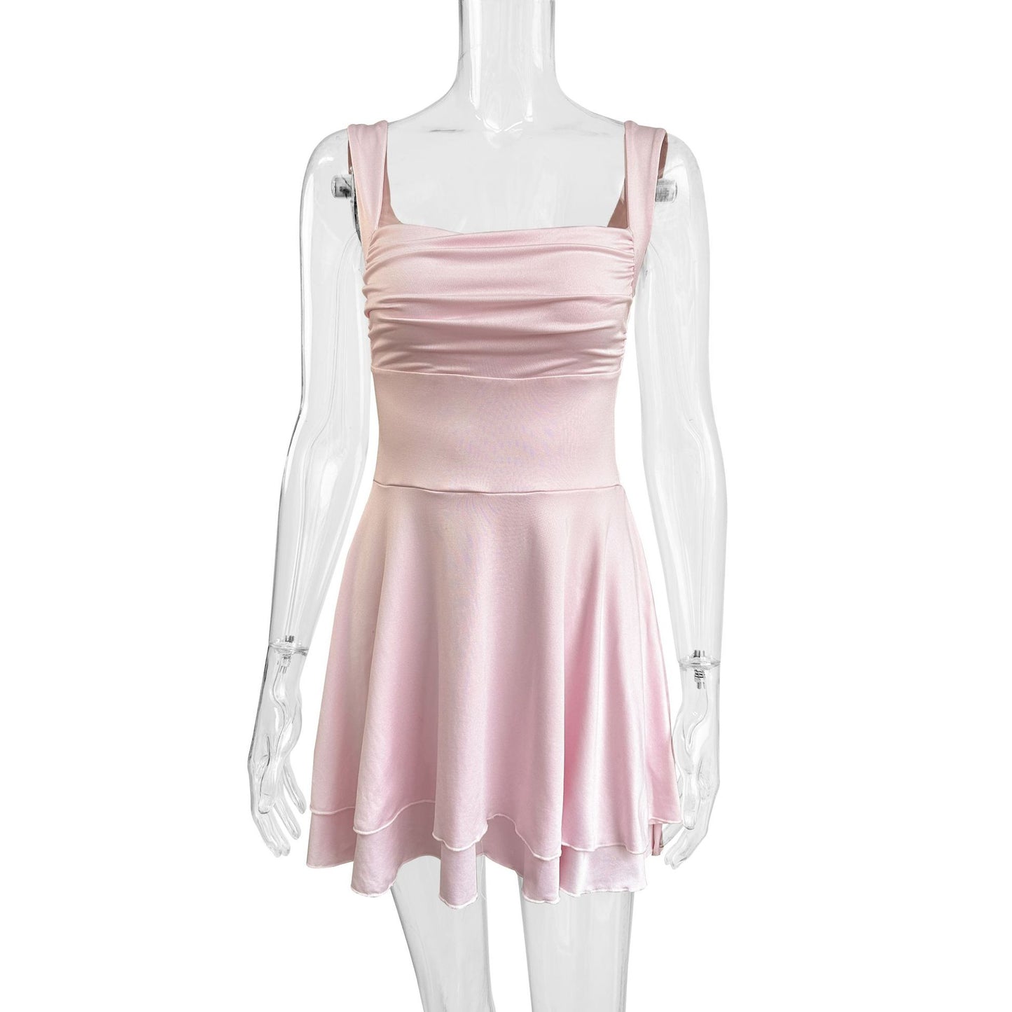 pink Square neck sleeveless suspender mini dress