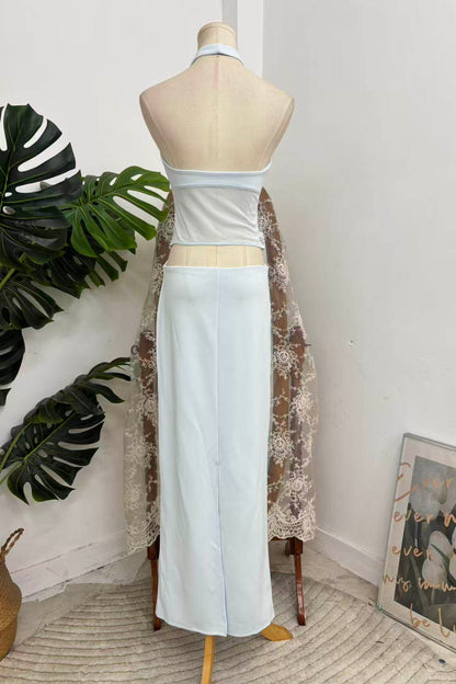 Light Blue Halter V-Neck Mesh Cutout Waist Side Hollow Bodycon Maxi Dress