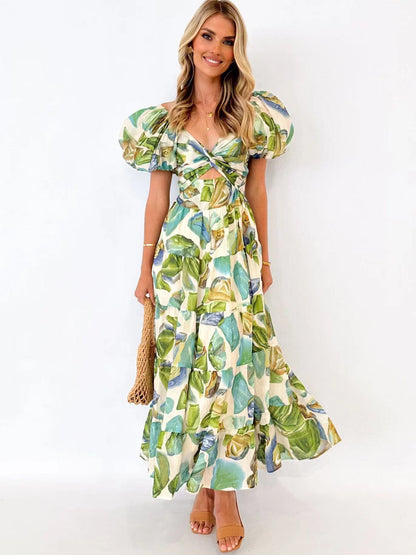 Printed puff-sleeve maxi dress with full flared skirt