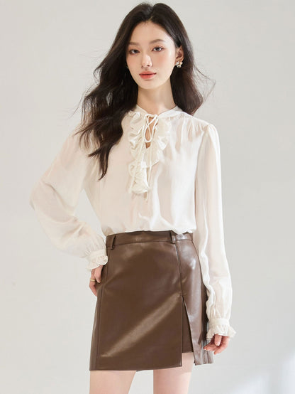 White ruffled tie-waist V-neck puff sleeve shirt