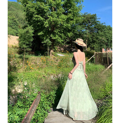 Mint green floral print sundress with ruffles