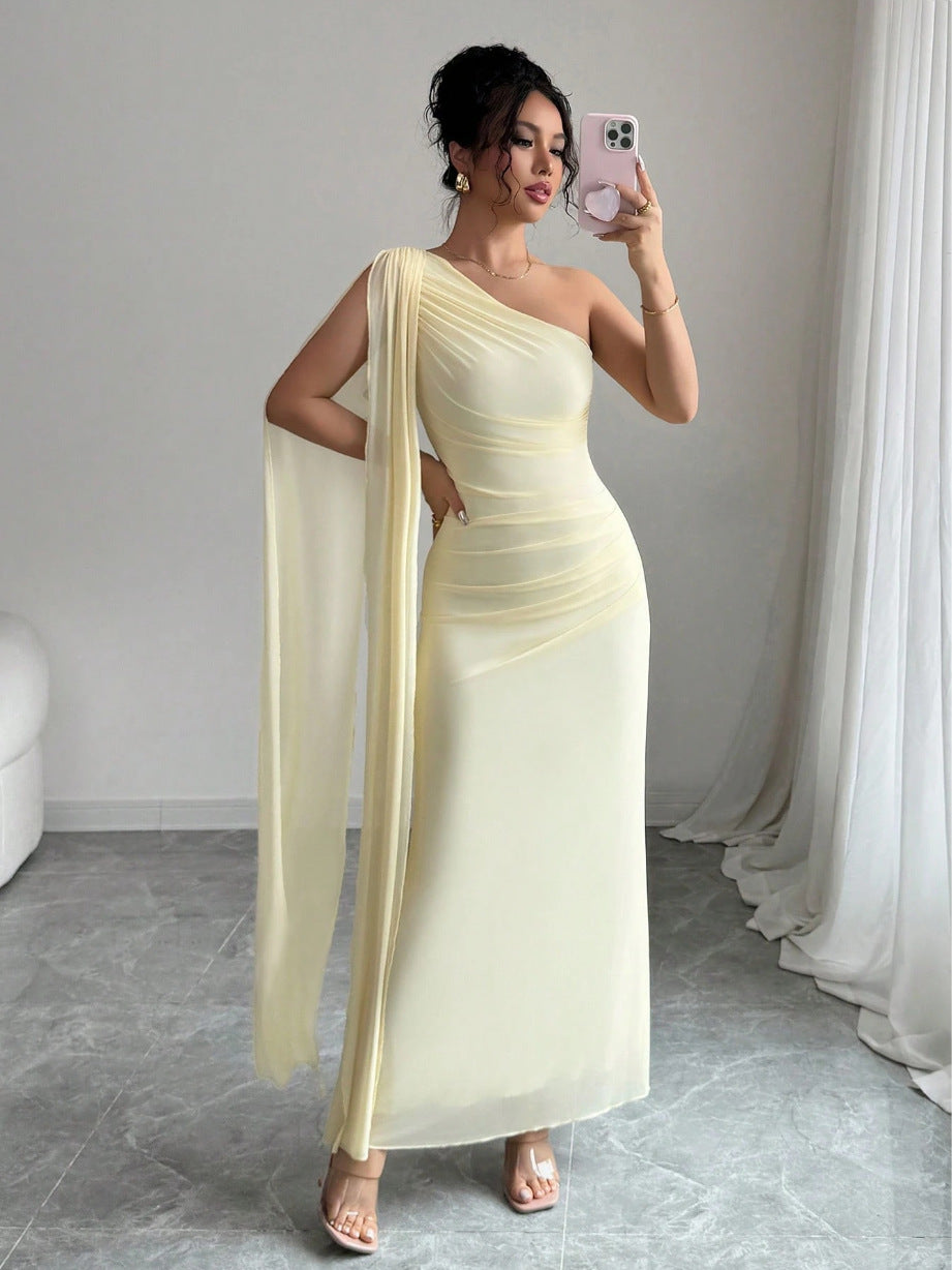 yellow mesh one-shoulder maxi dress