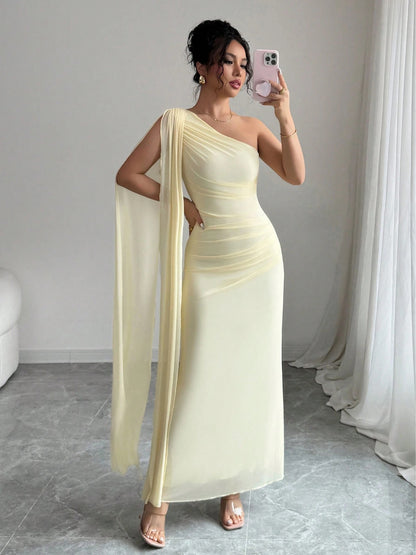 yellow mesh one-shoulder maxi dress