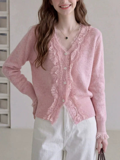 V-neck Lace-trimmed Knit Cardigan