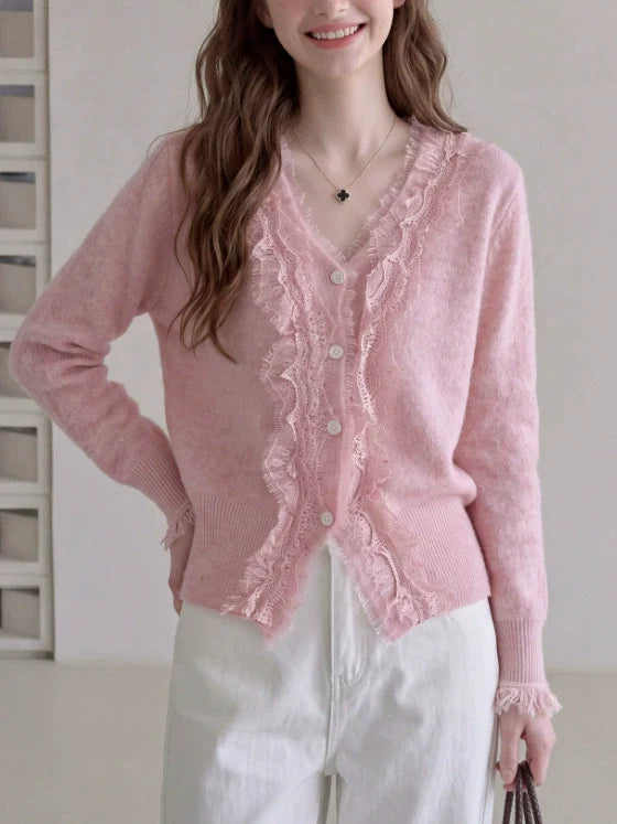 V-neck Lace-trimmed Knit Cardigan