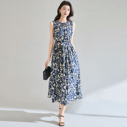 Hepburn-style sleeveless midi dress with oil painting print - blue