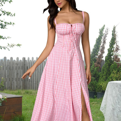 pink plaid herringbone slip slit backless chest tie long dress