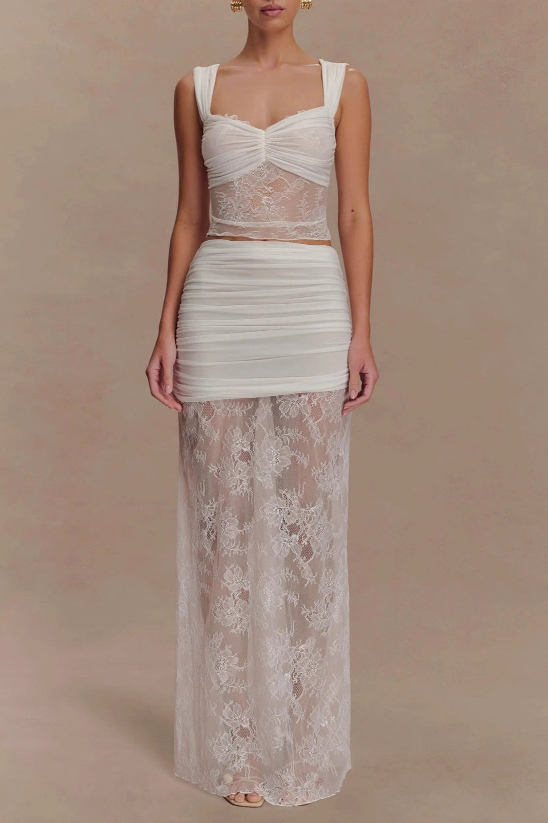 white lace suit skirt  see-through top skirt two-piece set