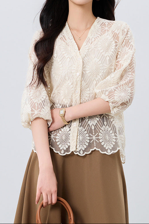Hollow-out lace embroidered short cardigan - apricot