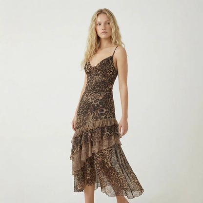 Leopard-print sheer camisole backless maxi dress with ruffles