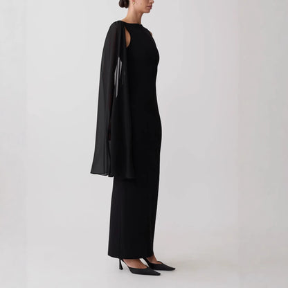 black one-shoulder streamer hip-hugging dress