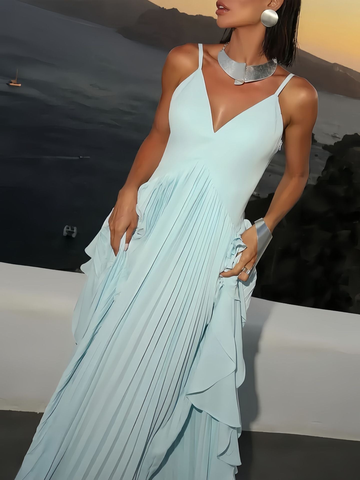 Light Blue Pleated Sleeveless V-Neck maxi Dress