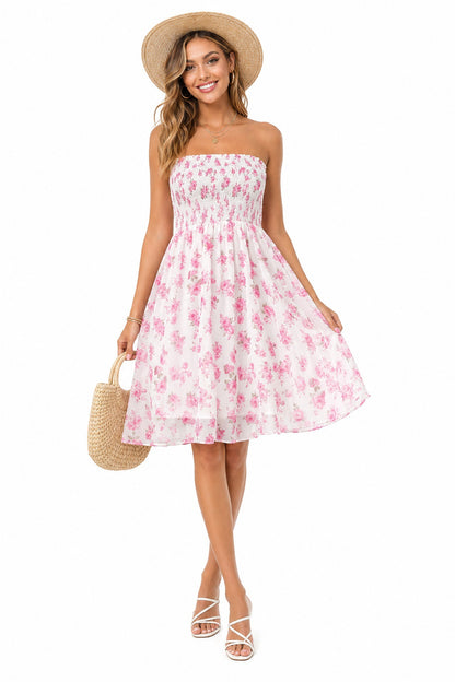 Beach-print strapless midi dress in pink