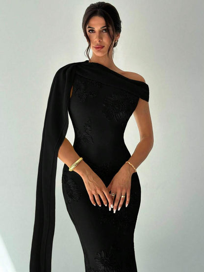 black three-dimensional floral hip hugging sloping shoulder streamer maxi dress