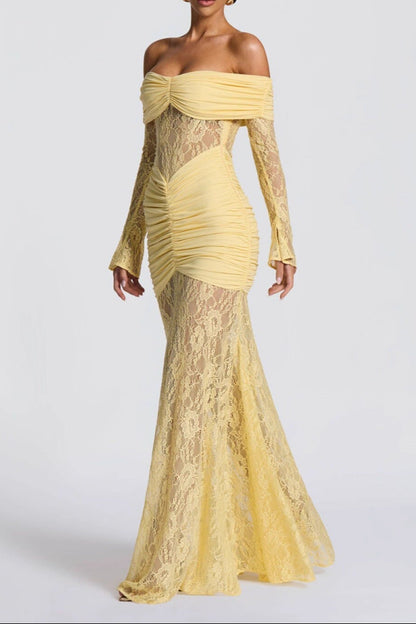 damla yellow Lace-trimmed flared sleeve fishtail dress
