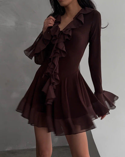 Deep-V mesh flared sleeves mini dress with ruffled trim
