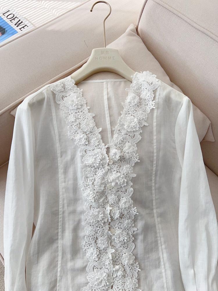 Lace Embroidery V-Neck Ramie Shirt