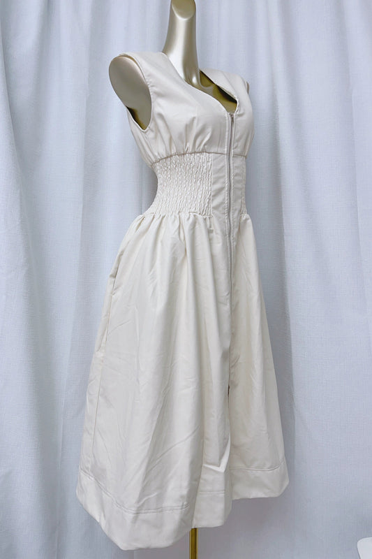 apricot cream stretch waist V-neck shoulder dress