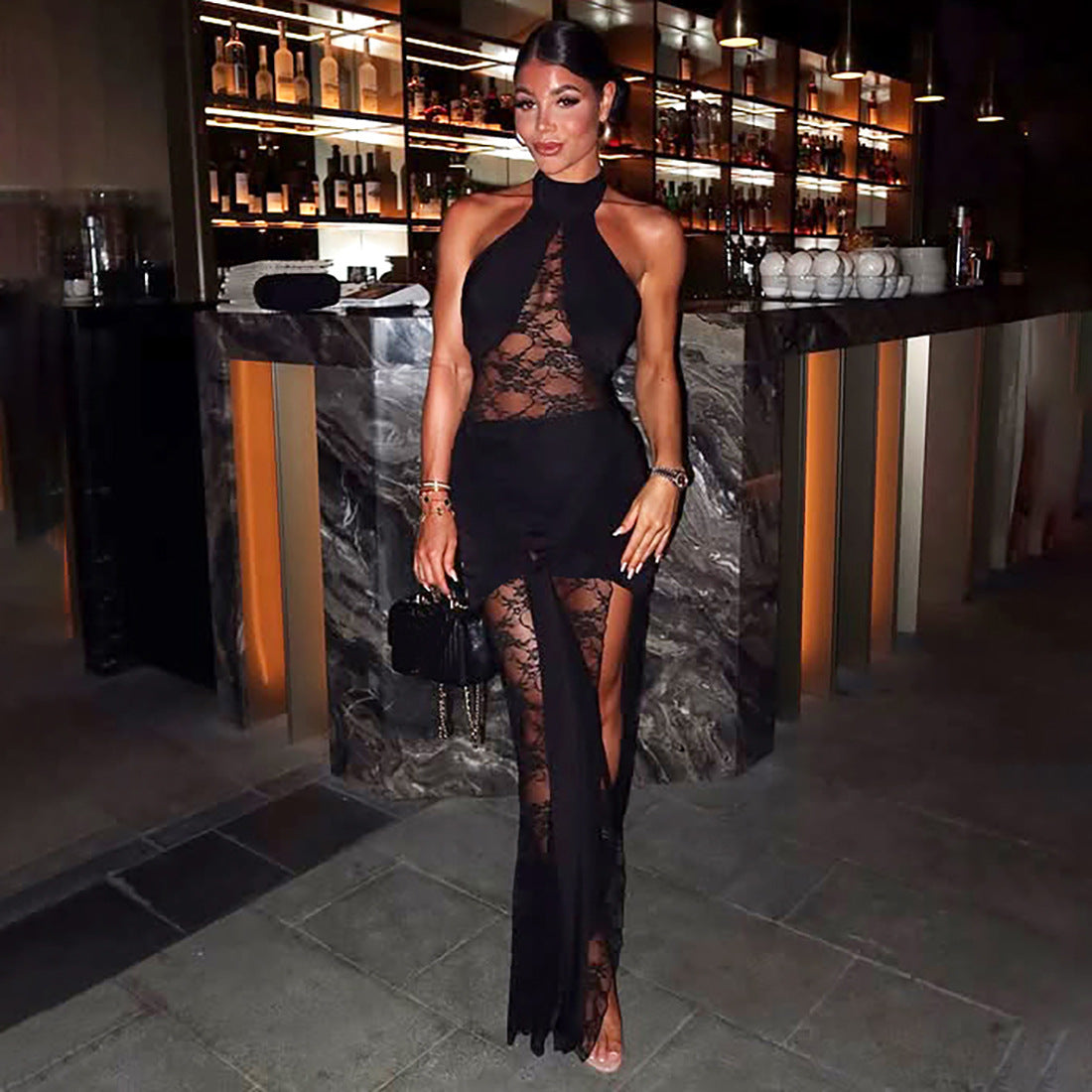 black slit lace spliced halterneck backless dress