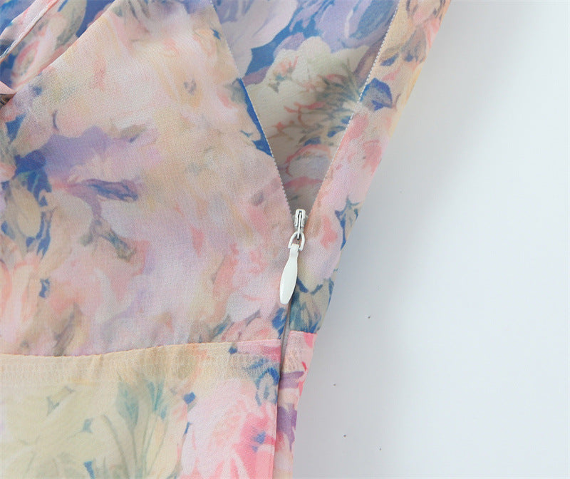 rebecca Floral print ruffle backless maxi dress - blue