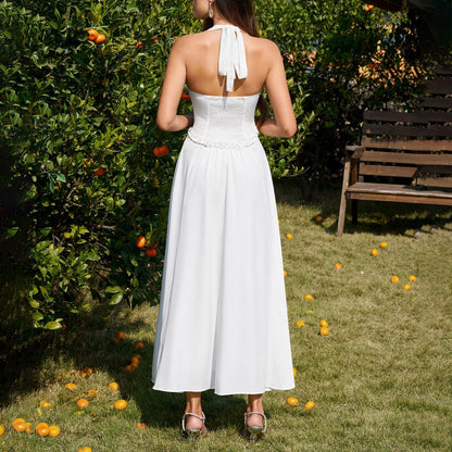white Backless Halter-neck Tie-Up maxi Dress