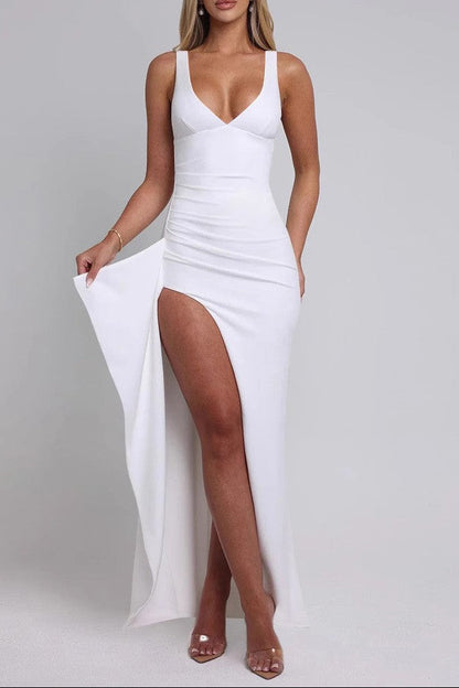 white High-slit deep V-neck slip dress