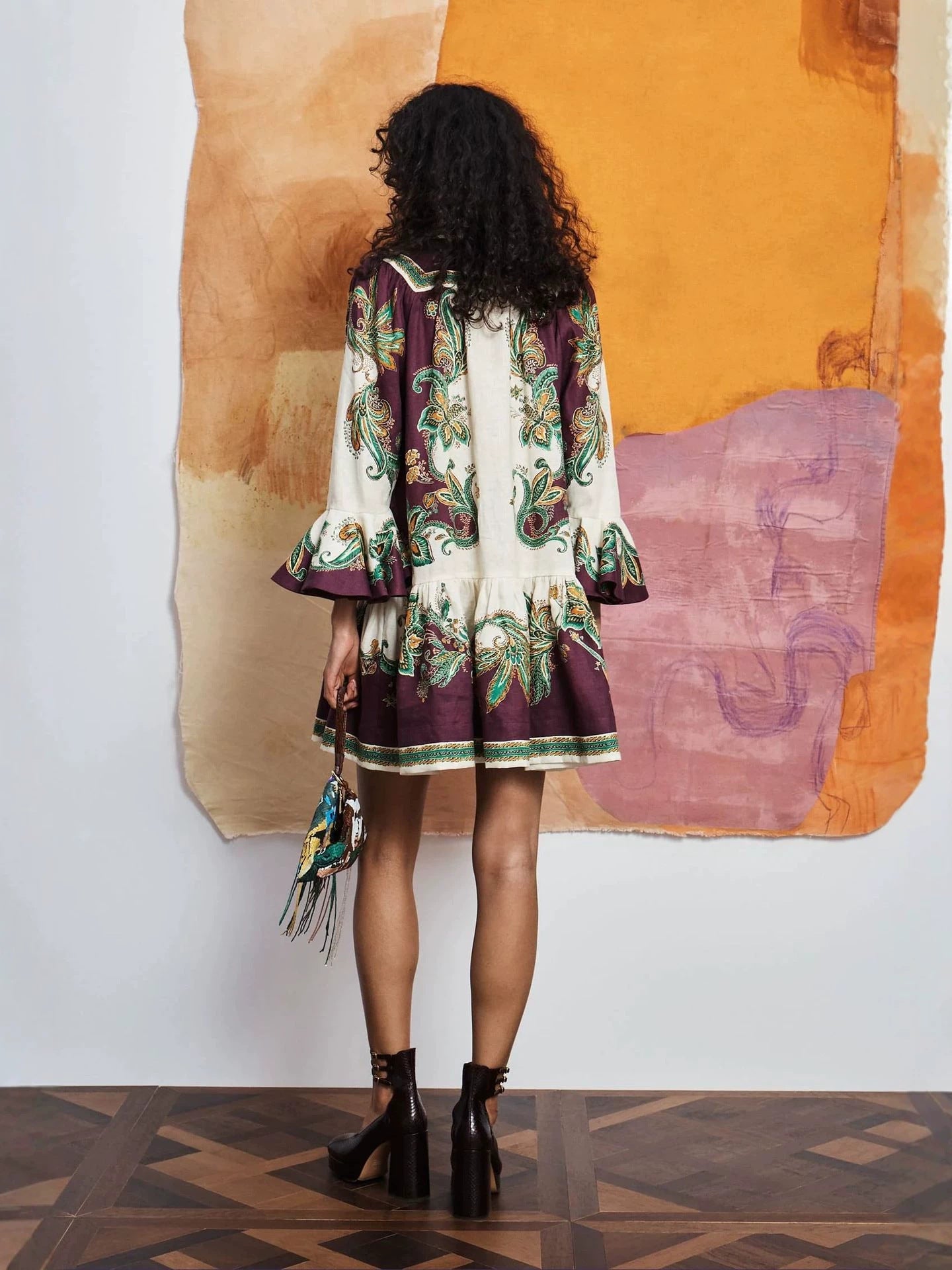 floral print Linen shirt collar mini dress
