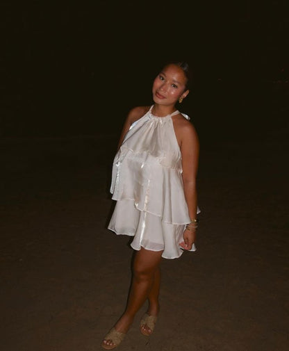 white Ruffled satin mini dress