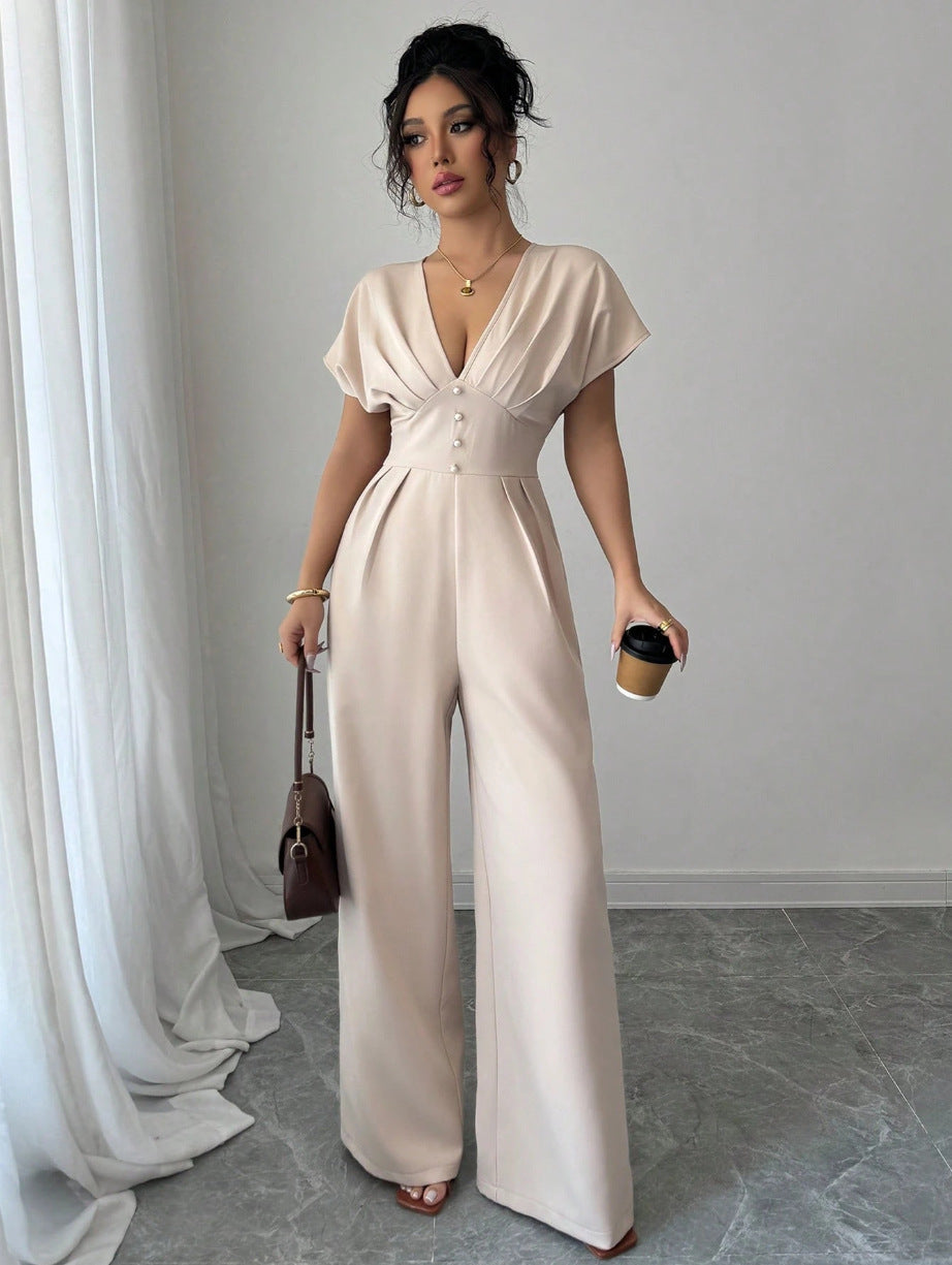 apricot V-neck short-sleeved waist wide-leg jumpsuit