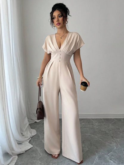 apricot V-neck short-sleeved waist wide-leg jumpsuit