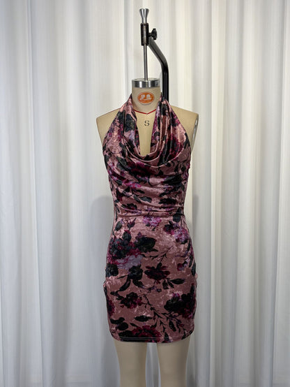 Retro velvet floral print pleated sleeveless halter mini dress