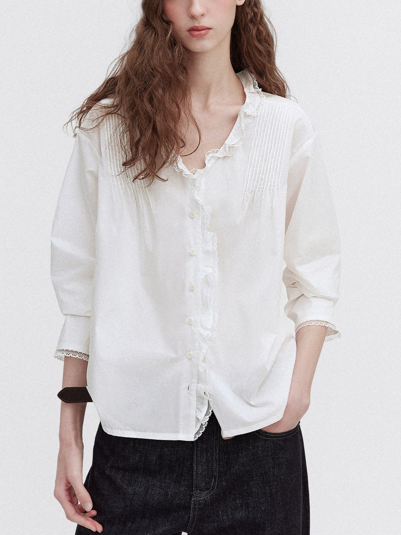 Ruffled lace trim deep V-neck shirt