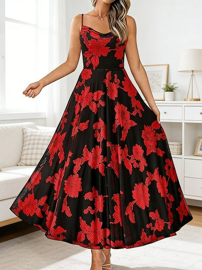 Swing Collar Strap Printed Chiffon Large Hem Waist-Cinching Dress