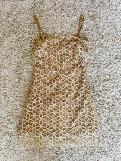 gold thread floral mesh cut-out embroidery waist camisole dress