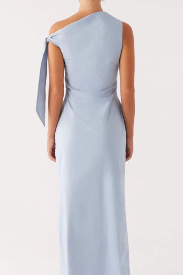 one shoulder lace-up bow slim dress blue