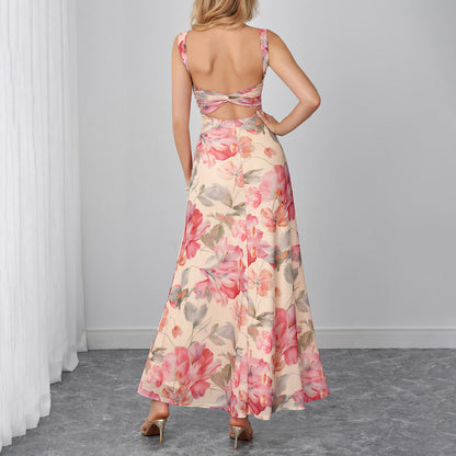 pink mesh print slip backless dress