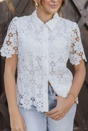 white cut-out embroidery lace short-sleeved shirt top