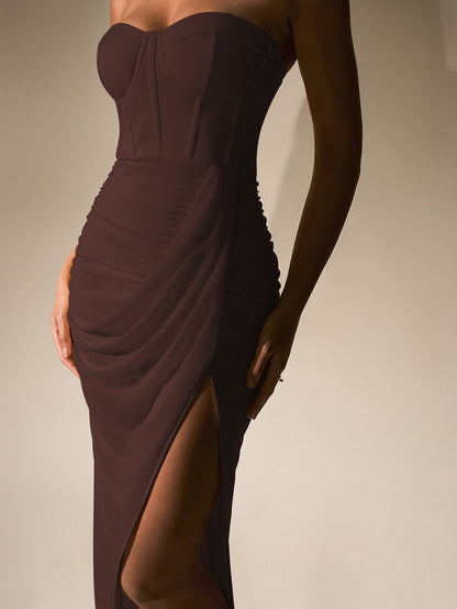 brown mesh open back herring bone bandeau high slit dress