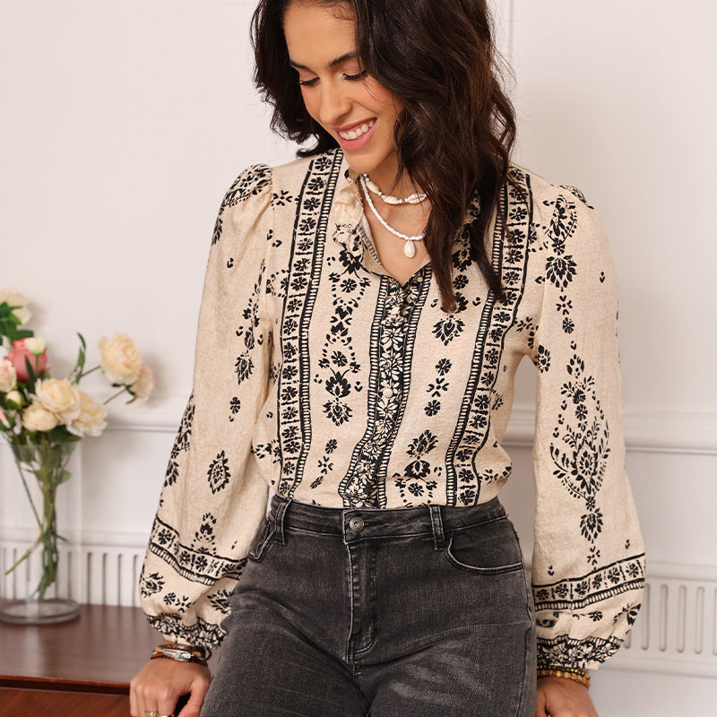 bohemian print shir stand-up collar fungus edge