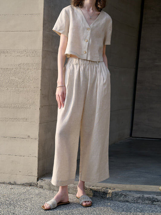 Linen cropped V-neck shirt for summer