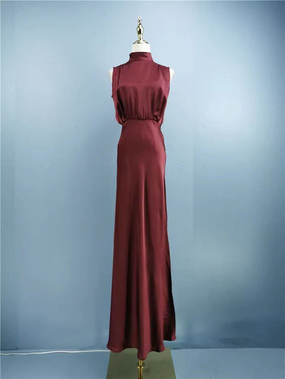 red stand collar slit banquet dress