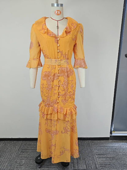 V-neck Vintage-print puff-sleeve slit maxi dress