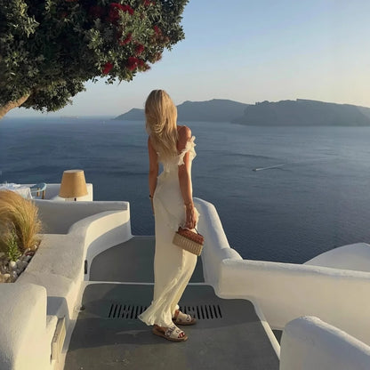 White backless ruffled halter maxi dress