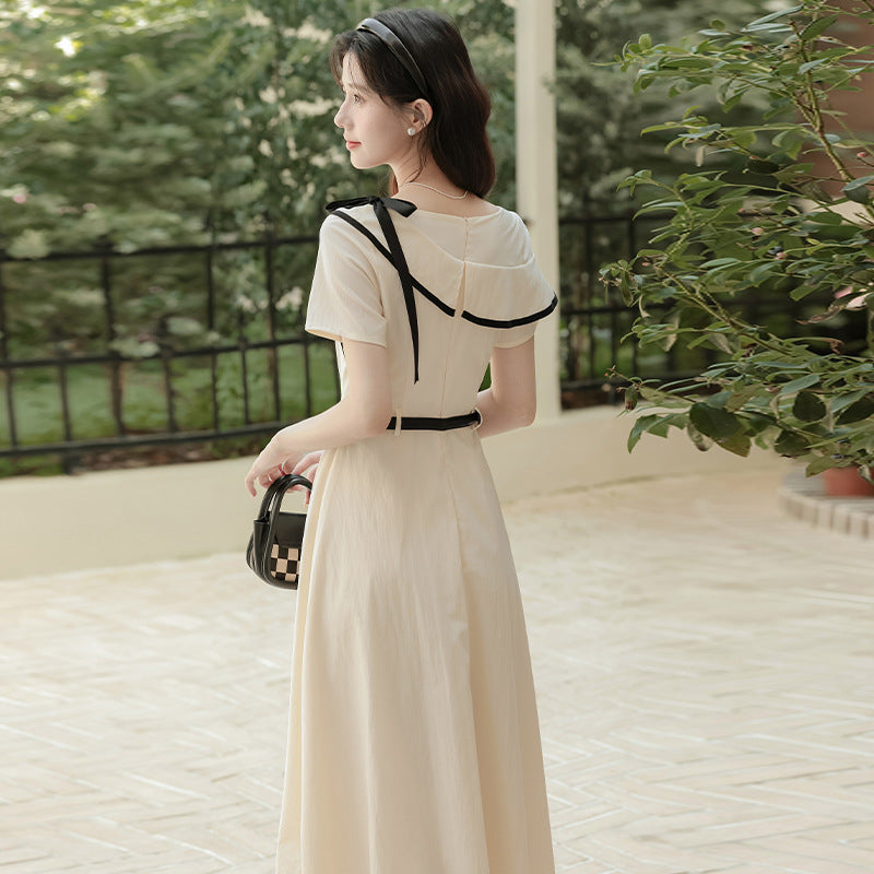 Short-sleeved asymmetrical shoulder midi dress - apricot
