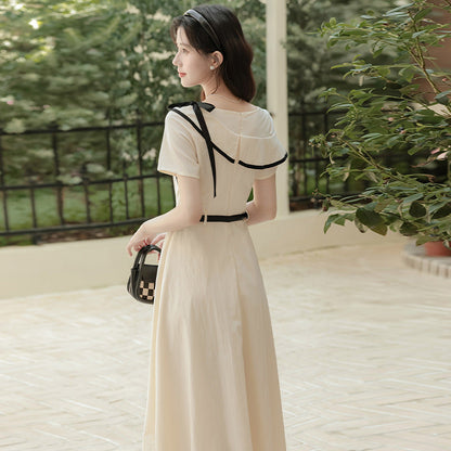 Short-sleeved asymmetrical shoulder midi dress - apricot