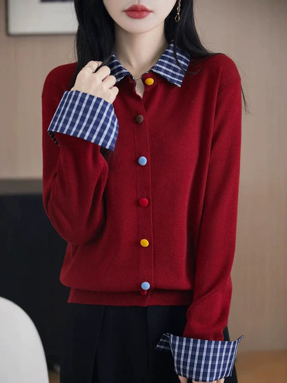 Faux-layered Plaid Collared Cardigan