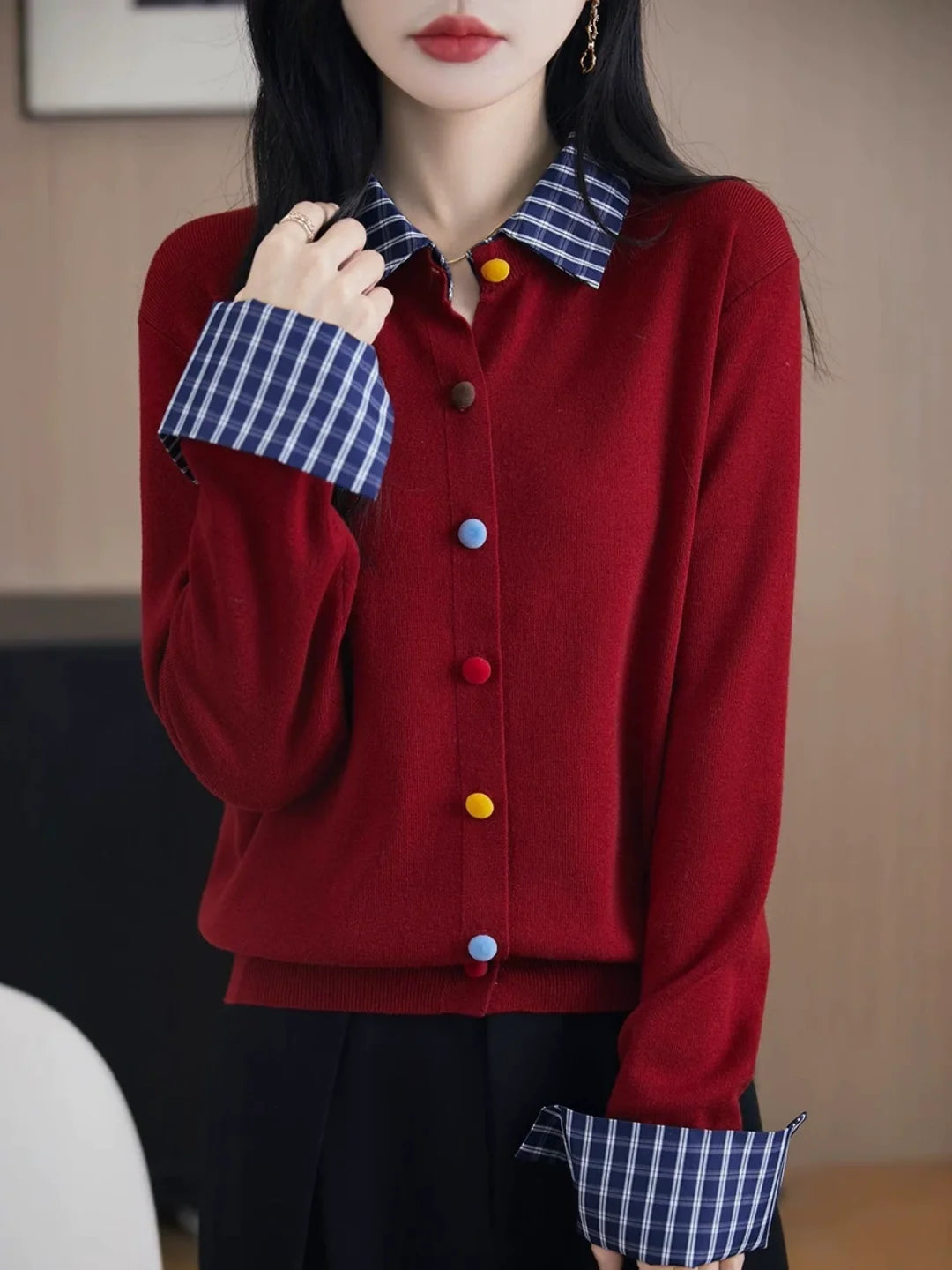 Faux-layered Plaid Collared Cardigan