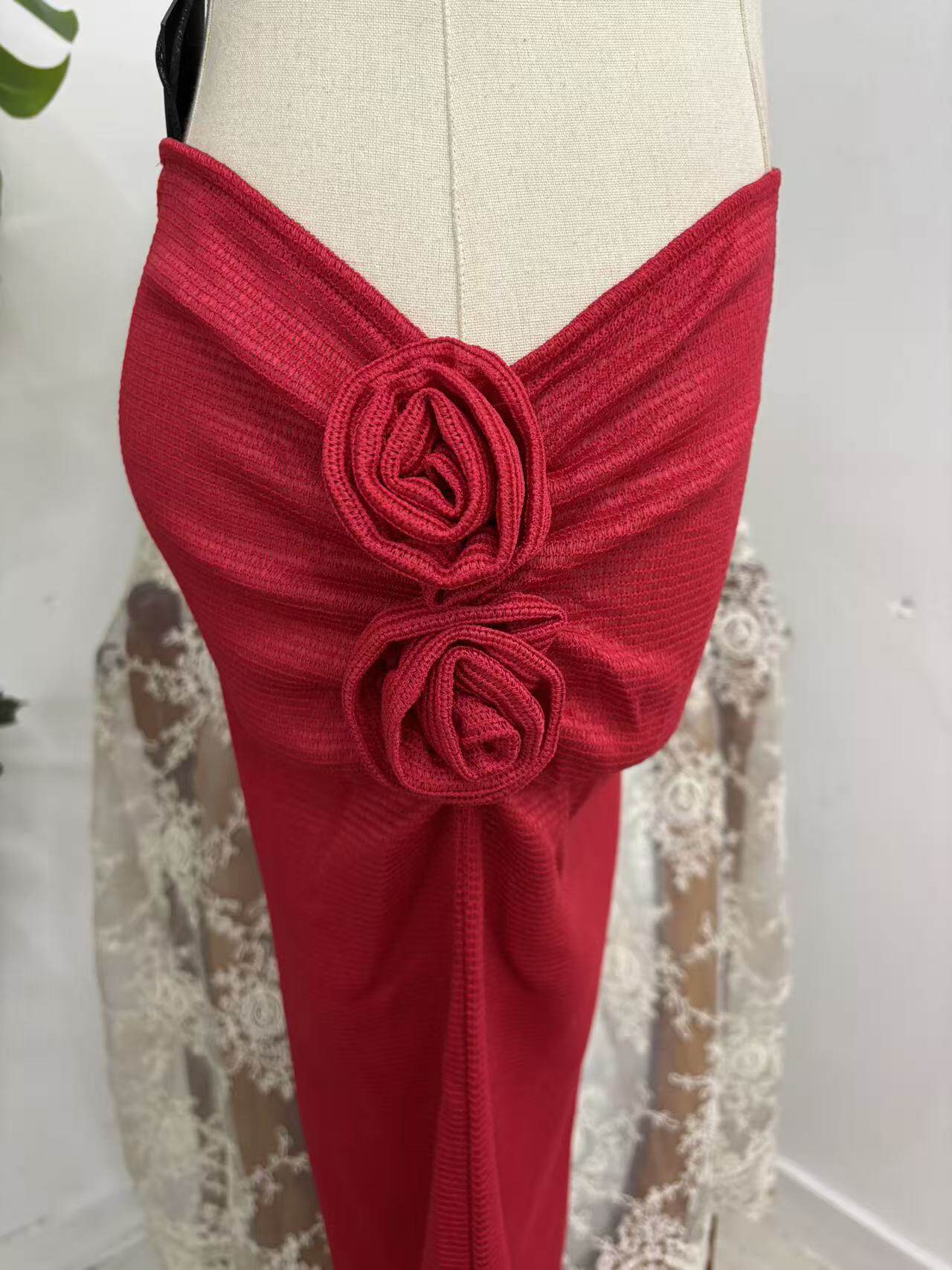 Red Knit Sheer Flower Skirt