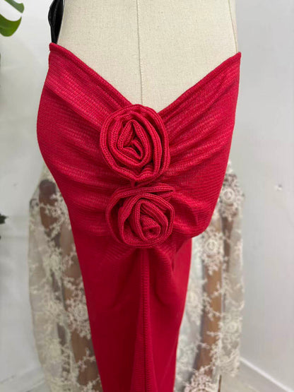 Red Knit Sheer Flower Skirt