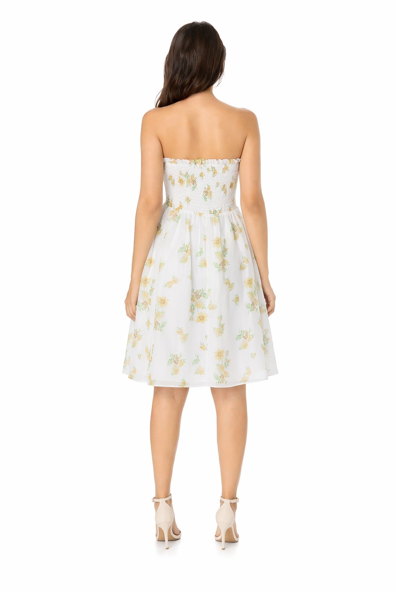 Beach-print strapless midi dress in yellow